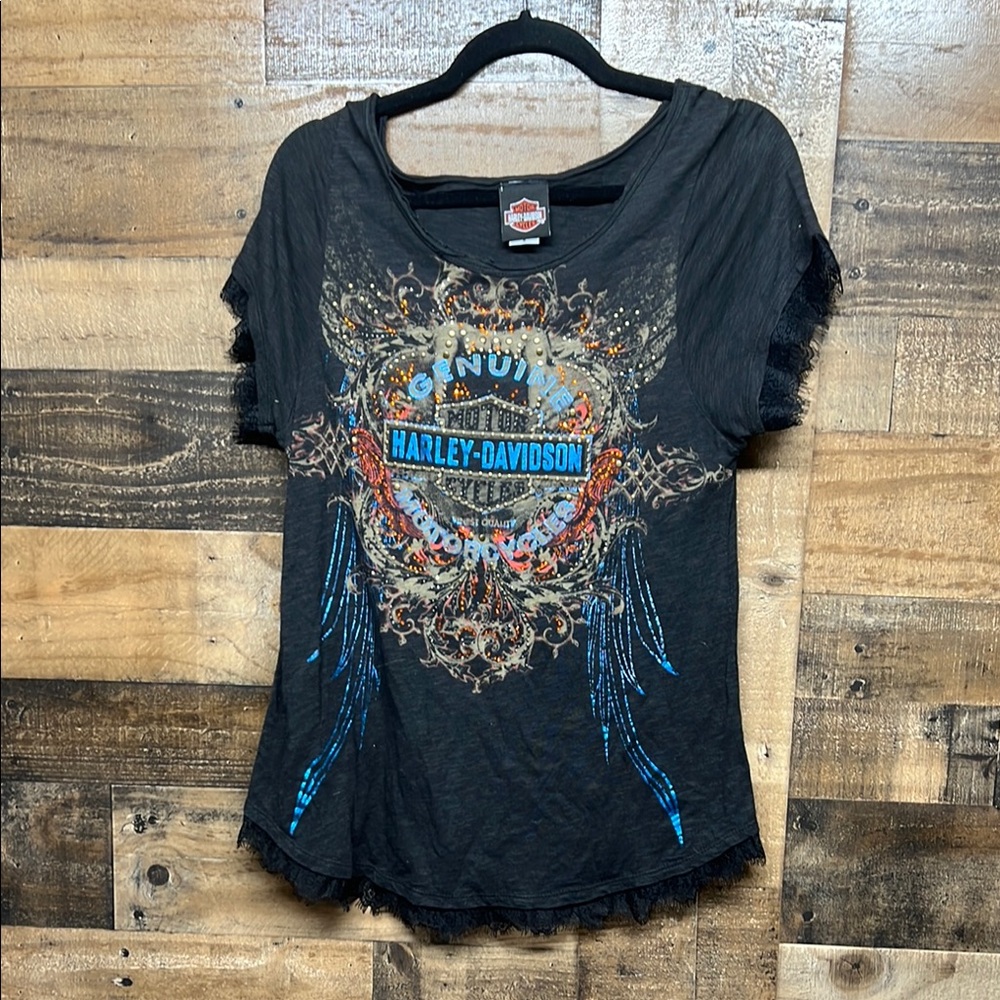 Harley-Davidson Black‎ Tee with Blue and Orange Graphic Lace Trim Women's Size M